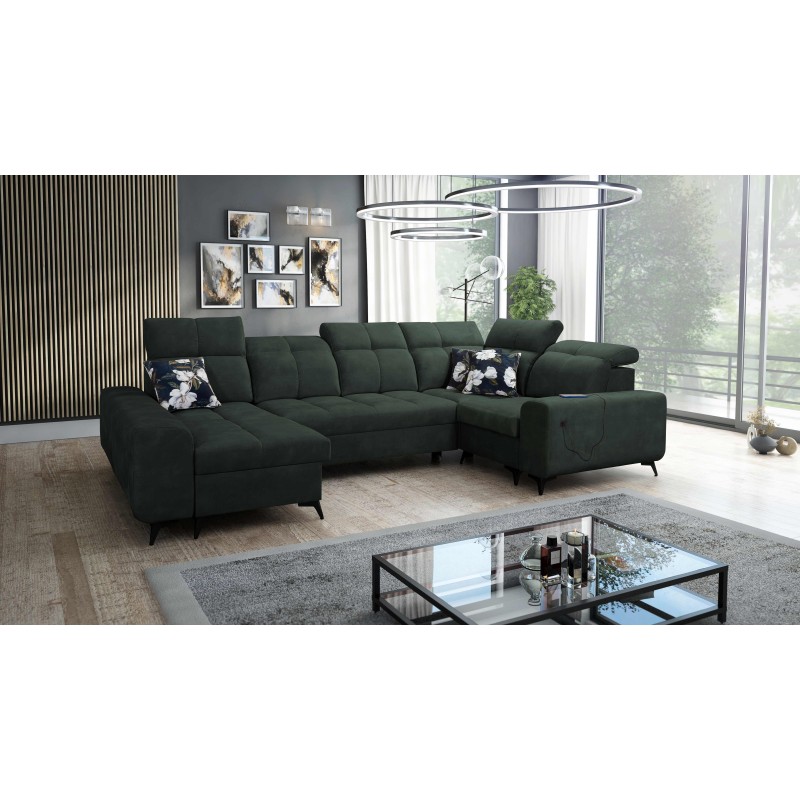 Ascot IV corner sofa with sleeping function, USB port, and adjustable headrests - Velvet, Wave 12
