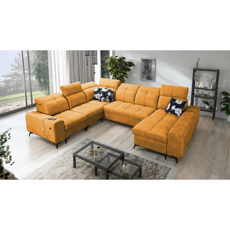 U-shaped corner sofa Ascot VIII with a sleeping function | Velvet fabric, Wave 5