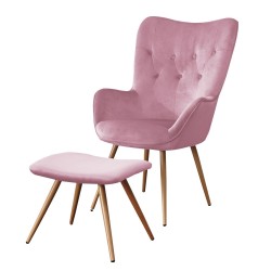 Velvet armchair + footstool (pink)