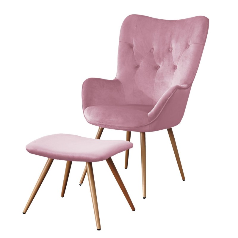 Velvet armchair + footstool (pink)
