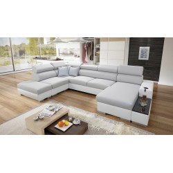 Sofá esquinero en forma de U Napoli VI con función de cama y bar - Tejido, Lexo 6601 + Cuero ecológico + Cuero ecológico