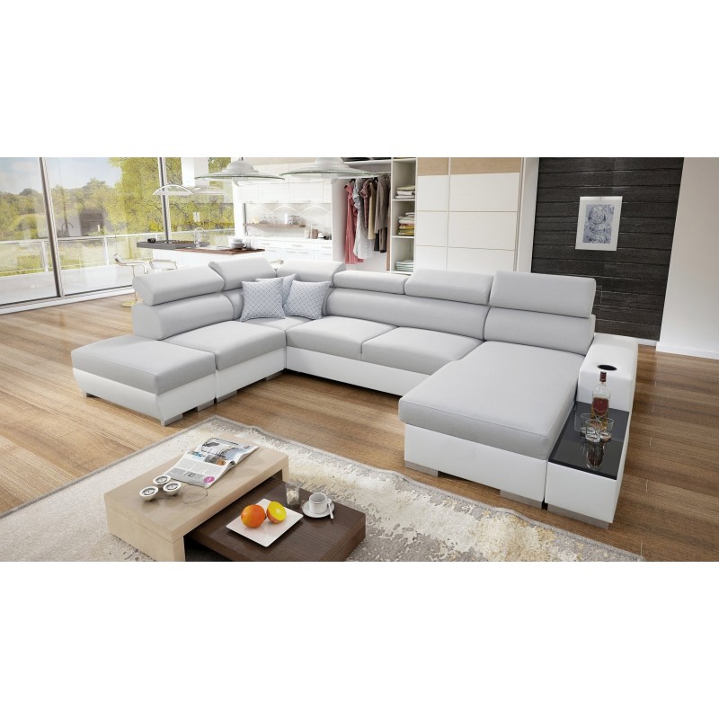 U-förmiges Ecksofa Napoli VI mit Schlaffunktion und Bar - Geflecht, Lexo 6601 + Kunstleder + Kunstleder