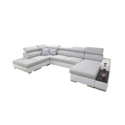 U-förmiges Ecksofa Napoli VI mit Schlaffunktion und Bar - Flechtstoff, Sawana 14 + Kunstleder