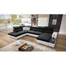 U-förmiges Ecksofa Napoli VI mit Schlaffunktion und Bar - Geflecht, Sawana 14 + Kunstleder + Kunstleder