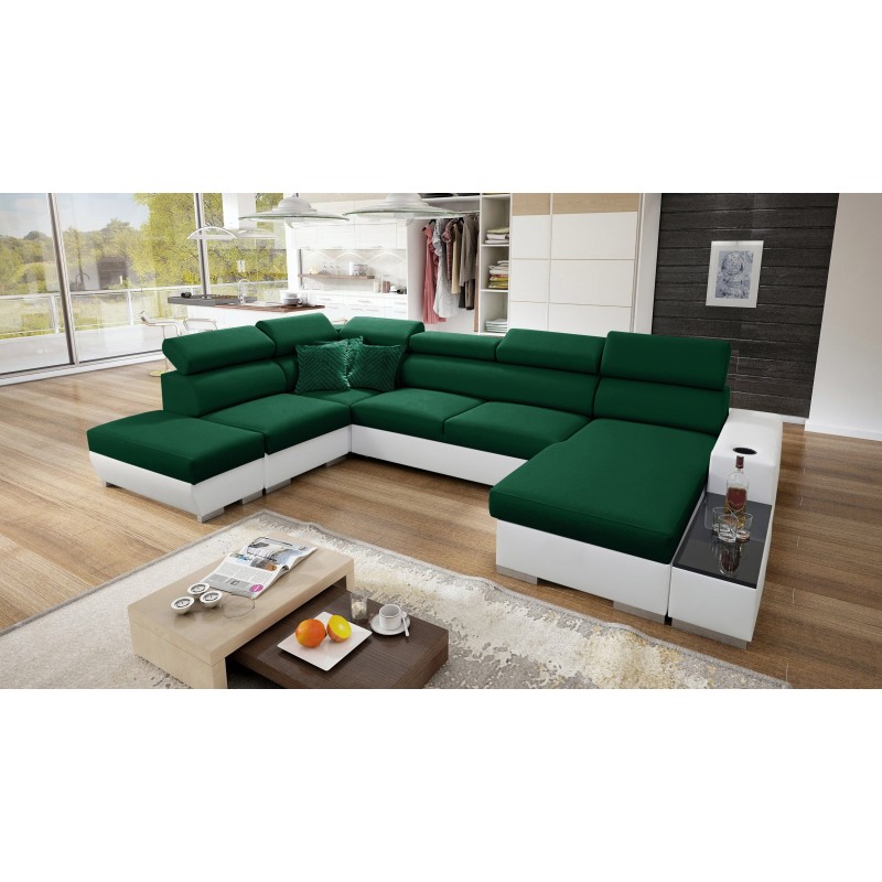 Sofá esquinero en forma de U Napoli VI con función de cama y bar - Terciopelo, Amor Velvet 4311 + Cuero ecológico + Cuero ecológ