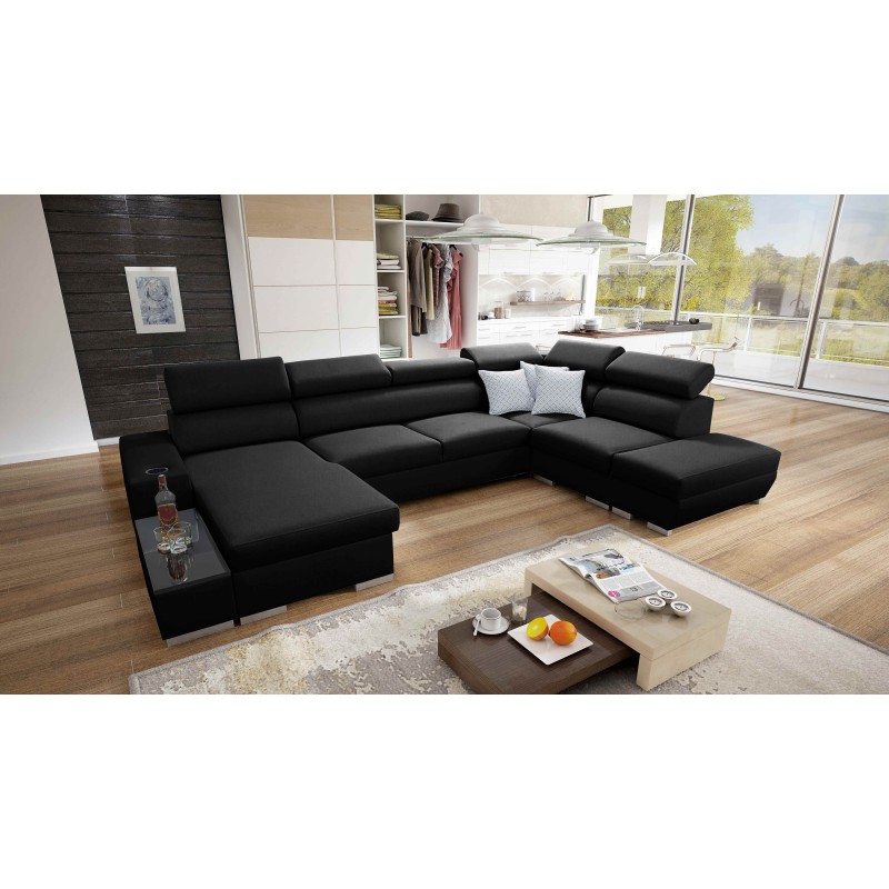 U-förmiges Ecksofa Napoli VI mit Schlaffunktion und Bar - Flechtstoff, Sawana 14 + Kunstleder