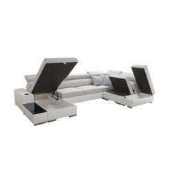 Sofá esquinero en forma de U Napoli VI con función de cama y bar - Tejido, Sawana 14 + Cuero ecológico