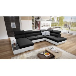 U-förmiges Ecksofa Napoli VI mit Schlaffunktion und Bar - Geflecht, Sawana 14 + Kunstleder + Kunstleder