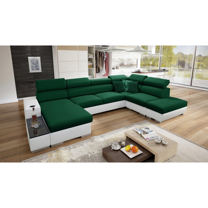 Sofá esquinero en forma de U Napoli VI con función de cama y bar - Terciopelo, Amor Velvet 4311 + Cuero ecológico + Cuero ecológ