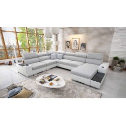 Sofá esquinero en forma de U Napoli VIII con función para dormir – Tejido, Lexo 6601 + Eco-cuero + Eco-cuero