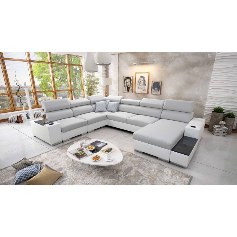 Sofá esquinero en forma de U Napoli VIII con función para dormir – Tejido, Lexo 6601 + Eco-cuero + Eco-cuero