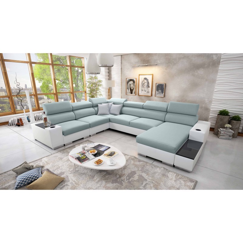 U-förmiges Sofa Napoli VIII mit Schlaffunktion – Webstoff, Sawana 72 + Kunstleder + Kunstleder
