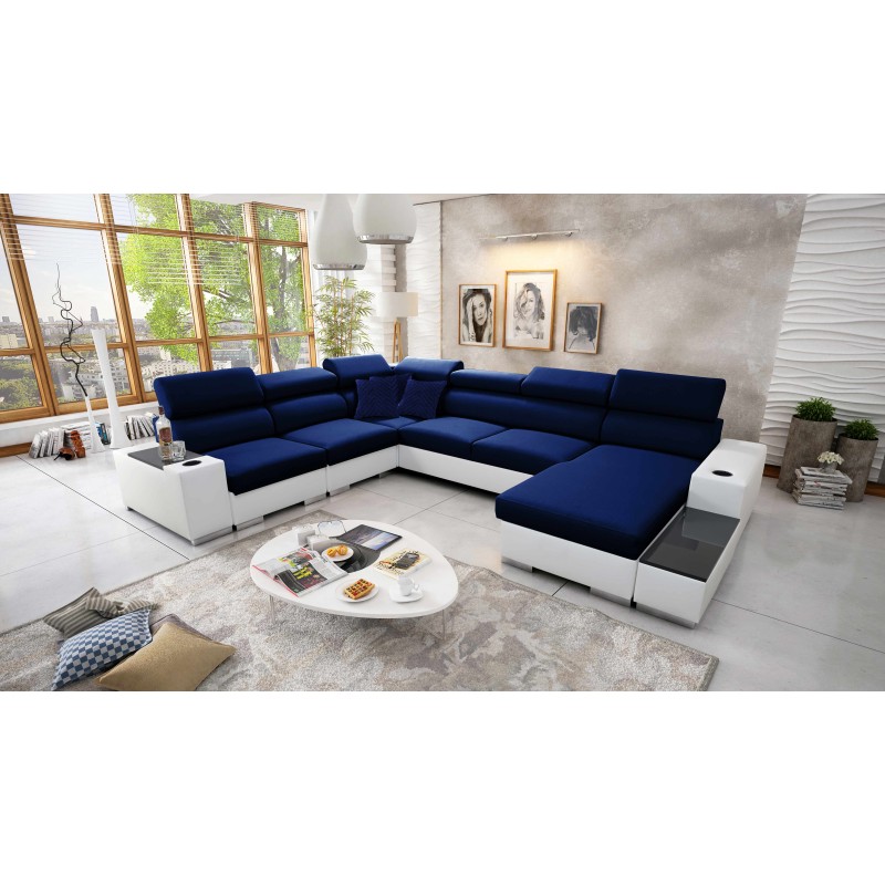 Sofá esquinero en forma de U Napoli VIII con función para dormir – Terciopelo, Amor Velvet 4314 + Cuero ecológico + Cuero ecológ