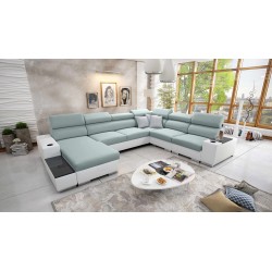 U-förmiges Sofa Napoli VIII mit Schlaffunktion – Webstoff, Sawana 72 + Kunstleder + Kunstleder