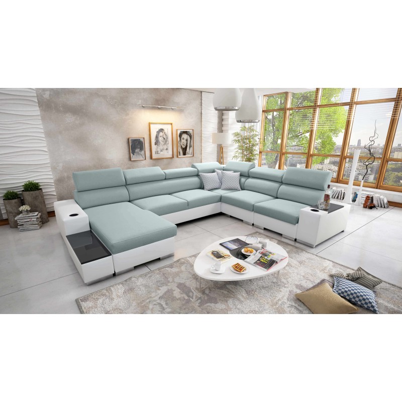 U-förmiges Sofa Napoli VIII mit Schlaffunktion – Webstoff, Sawana 72 + Kunstleder + Kunstleder
