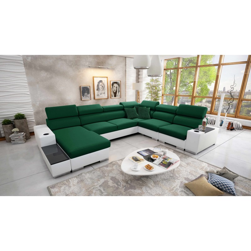Sofá esquinero en forma de U Napoli VIII con función para dormir – Terciopelo, Amor Velvet 4311 + Eco-cuero + Eco-cuero