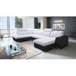 U-shaped sofa Prisma VI with a sleeping function, USB port, and storage - Velvet | Pet friendly, Terra 80 + Black Eco-leather