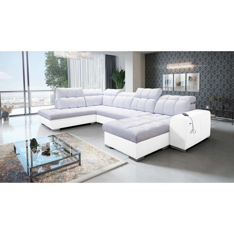 U-förmiges Ecksofa Prisma VI mit Schlaffunktion, USB-Anschluss und Stauraum - Samt | Haustierfreundlich, Terra 06 + Kunstleder U-förmiges Ecksofa Prisma VI mit Schlaffunktion, USB-Anschluss und Stauraum - Samt | Haustierfreundlich, Terra 06 + Kunstleder