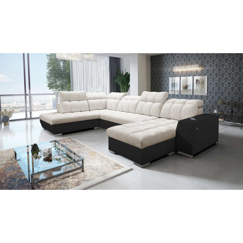 U-shaped Prisma VI sectional sofa with a sleeping function, USB port, and storage - Velvet | Pet friendly, Terra 13 + Black Eco-