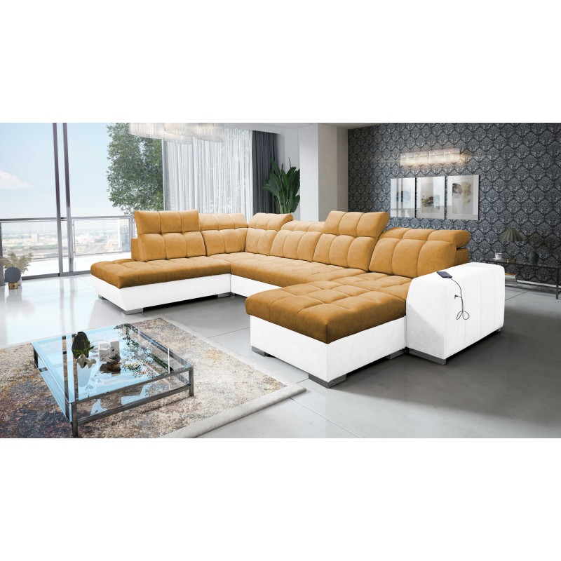 U-förmiges Sofa Prisma VI mit Schlaffunktion, USB-Anschluss und Stauraum - Samt | Haustierfreundlich, Terra 48 + Ökoleder U-förmiges Sofa Prisma VI mit Schlaffunktion, USB-Anschluss und Stauraum - Samt | Haustierfreundlich, Terra 48 + Ökoleder