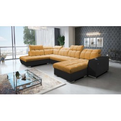 U-shaped corner sofa Prisma VI with sleeping function, USB port, and storage - Velvet | Pet friendly, Terra 48 + Black Eco-leath