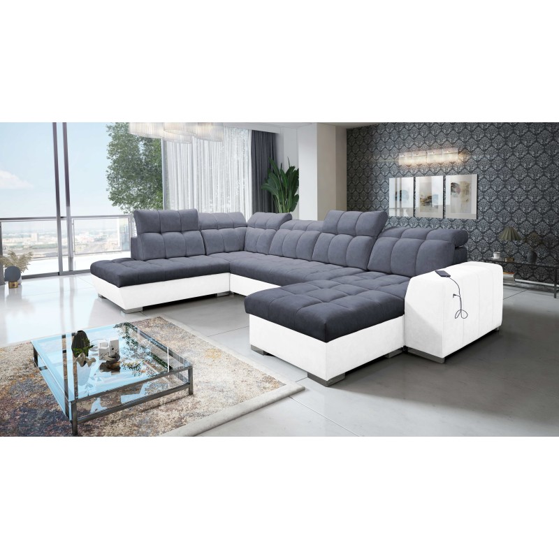 U-förmiges Ecksofa Prisma VI mit Schlaffunktion, USB-Anschluss und Stauraum - Samt | Haustierfreundlich, Terra 96 + Kunstleder U-förmiges Ecksofa Prisma VI mit Schlaffunktion, USB-Anschluss und Stauraum - Samt | Haustierfreundlich, Terra 96 + Kunstleder