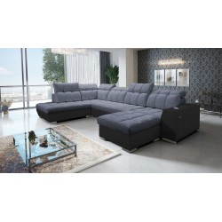 Ecksofa in U-Form Prisma VI mit Schlaffunktion, USB-Anschluss und Stauraum - Samt | Haustierfreundlich, Terra 96 + schwarze Kuns