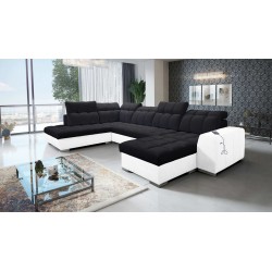 U-förmiges Ecksofa Prisma VI mit Schlaffunktion, USB-Anschluss und Stauraum - Samt | Haustierfreundlich, Terra 99 + Ökoleder