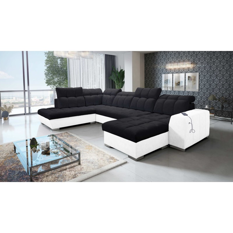 U-shaped corner sofa Prisma VI with a sleeping function, USB port, and storage - Velvet | Pet friendly, Terra 99 + Eco-leather