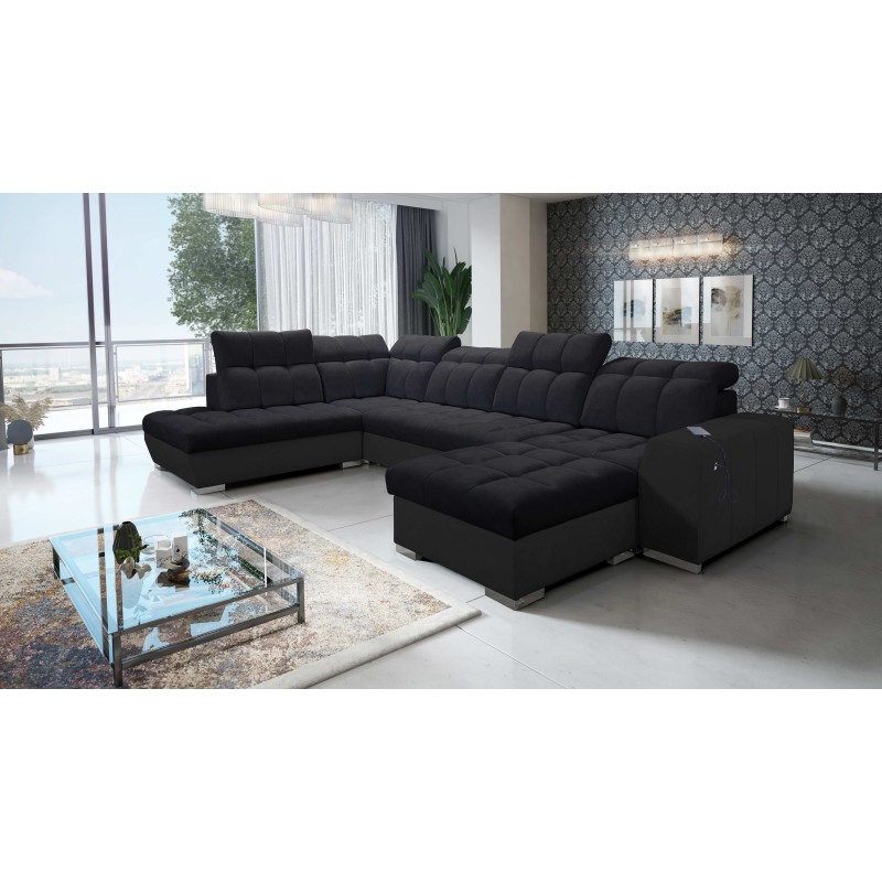 U-förmiges Sofa Prisma VI mit Schlaffunktion, USB-Anschluss und Stauraum - Velvet | Haustierfreundlich, Terra 99 + schwarzes Kun U-förmiges Sofa Prisma VI mit Schlaffunktion, USB-Anschluss und Stauraum - Velvet | Haustierfreundlich, Terra 99 + schwarzes Kun