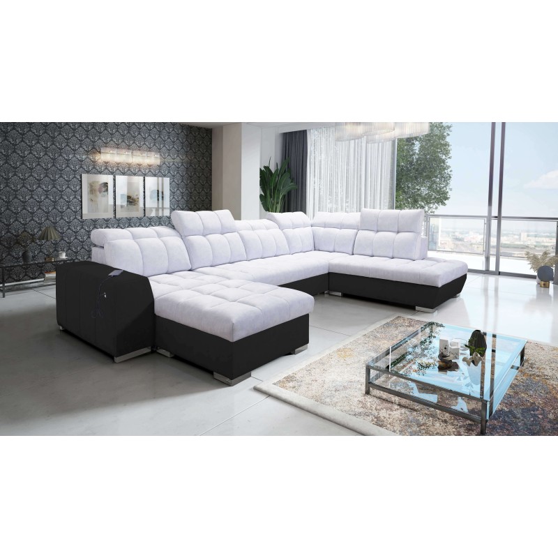 U-förmiges Ecksofa Prisma VI mit Schlaffunktion, USB-Anschluss und Stauraum - Velvet | Haustierfreundlich, Terra 80 + Schwarzes U-förmiges Ecksofa Prisma VI mit Schlaffunktion, USB-Anschluss und Stauraum - Velvet | Haustierfreundlich, Terra 80 + Schwarzes
