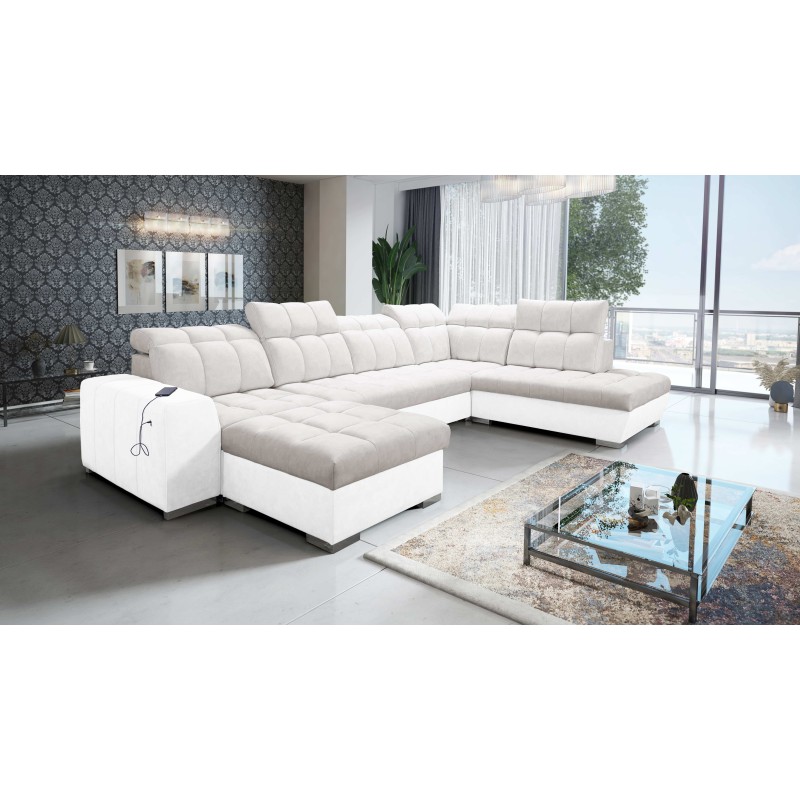 U-shaped Prisma VI sectional with a sleeping function, USB port, and storage - Velvet | Pet friendly, Terra 06 + Eco-leather