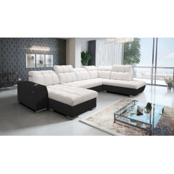 U-förmiges Sofa Prisma VI mit Schlaffunktion, USB-Anschluss und Stauraum - Samt | Tierfreundlich, Terra 06 + Schwarzes Kunstlede