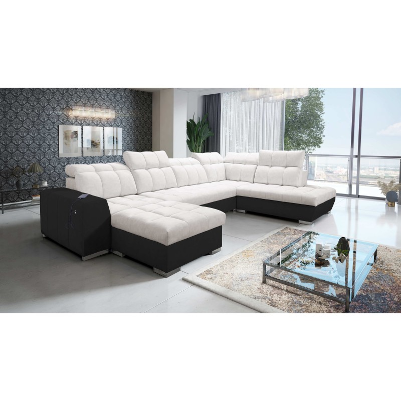 Prisma VI U-shaped sectional with a sleeping function, USB port, and storage - Velvet | Pet friendly, Terra 06 + Black Eco-leath