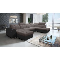 U-shaped corner sofa Prisma VI with a sleeping function, USB port, and storage - Velvet | Pet friendly, Terra 26 + Black Eco-lea