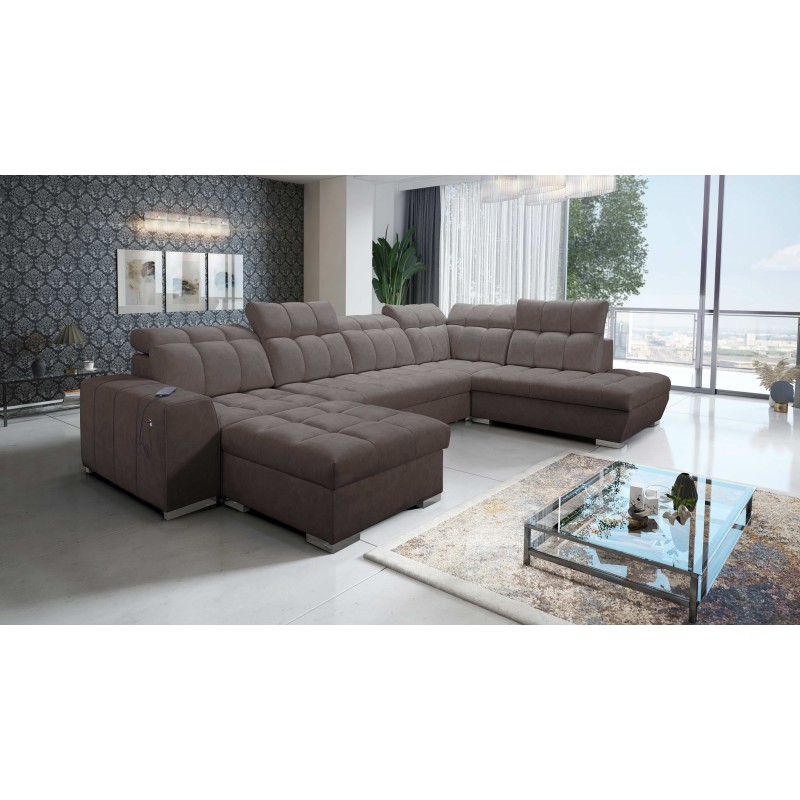 U-shaped Prisma VI sectional sofa with sleeping function, USB port, and storage - Velvet | Pet friendly, Terra 26