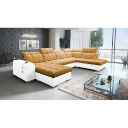 U-förmiges Sofa Prisma VI mit Schlaffunktion, USB-Anschluss und Stauraum - Samt | Haustierfreundlich, Terra 48 + Ökoleder