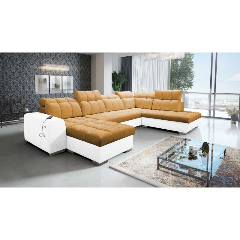 U-förmiges Sofa Prisma VI mit Schlaffunktion, USB-Anschluss und Stauraum - Samt | Haustierfreundlich, Terra 48 + Ökoleder U-förmiges Sofa Prisma VI mit Schlaffunktion, USB-Anschluss und Stauraum - Samt | Haustierfreundlich, Terra 48 + Ökoleder