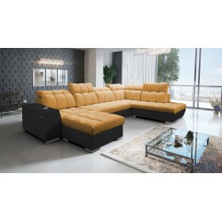 U-shaped corner sofa Prisma VI with sleeping function, USB port, and storage - Velvet | Pet friendly, Terra 48 + Black Eco-leath