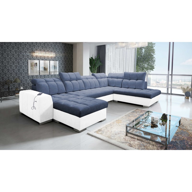 U-förmiges Ecksofa Prisma VI mit Schlaffunktion, USB-Anschluss und Stauraum - Samt | Haustierfreundlich, Terra 76 + Kunstleder U-förmiges Ecksofa Prisma VI mit Schlaffunktion, USB-Anschluss und Stauraum - Samt | Haustierfreundlich, Terra 76 + Kunstleder