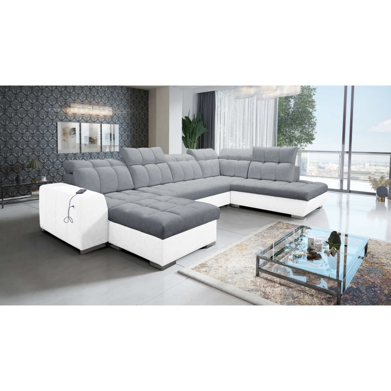 U-förmiges Sofa Prisma VI mit Schlaffunktion, USB-Anschluss und Stauraum - Velvet | Haustierfreundlich, Terra 92 + Kunstleder