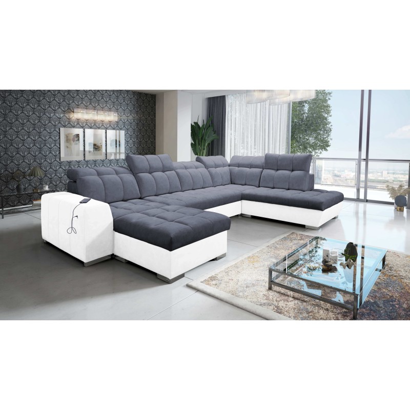 U-shaped Prisma VI sectional sofa with a sleeping function, USB port, and storage - Velvet | Pet friendly, Terra 96 + Eco-leathe