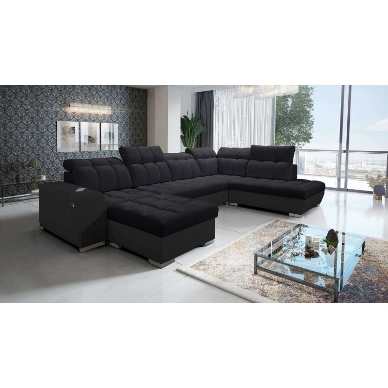 U-shaped sectional Prisma VI with a sleeping function, USB port, and storage - Velvet | Pet friendly, Terra 99 + Black Eco-leath