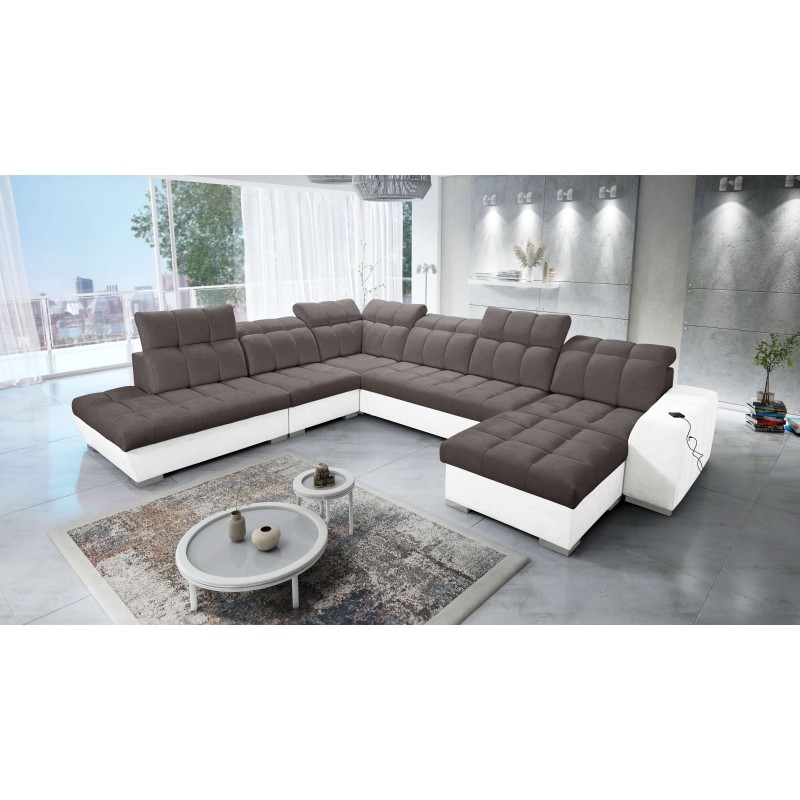 Ecksofa Prisma X mit Schlaffunktion, USB-Anschluss und Bettkasten - Samt | Tierfreundlich, Terra 26 + Kunstleder Ecksofa Prisma X mit Schlaffunktion, USB-Anschluss und Bettkasten - Samt | Tierfreundlich, Terra 26 + Kunstleder