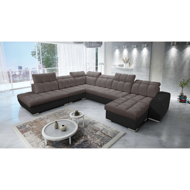 Ecksofa Prisma X mit Schlaffunktion, USB-Anschluss und Bettkasten - Samt | Haustierfreundlich, Terra 26 + Schwarzes Kunstleder