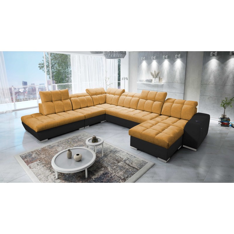 Prisma X corner sofa with sleeping function, USB port, and bedding storage - Velvet | Pet friendly, Terra 48 + Black eco-leather