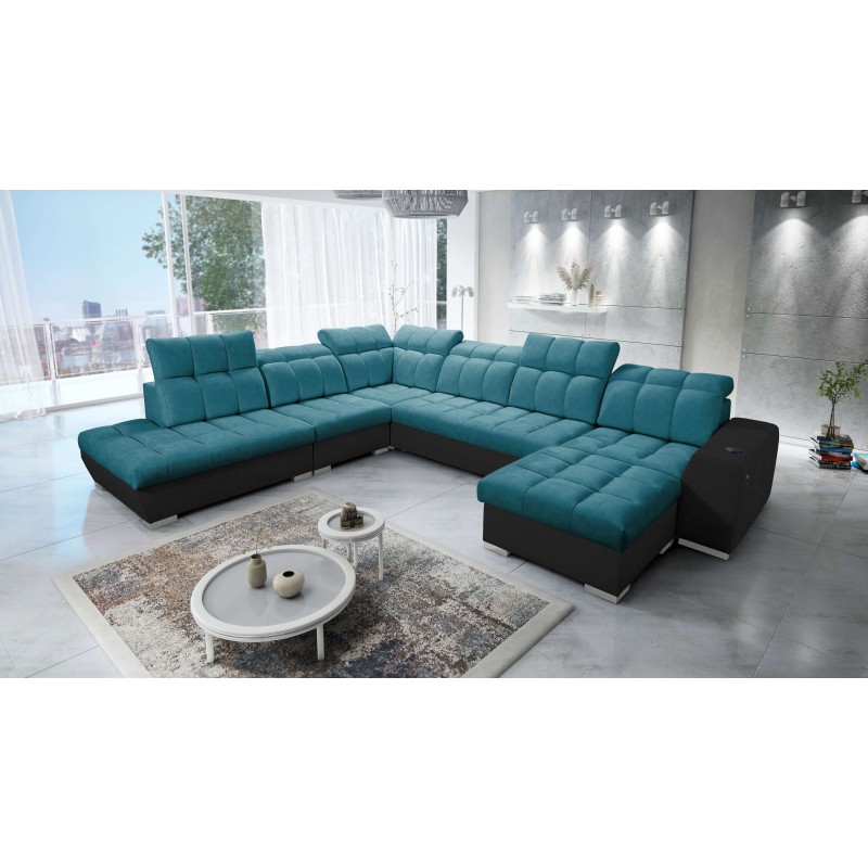 Prisma X Ecksofa mit Schlaffunktion, USB-Anschluss und Bettkasten - Samt | Haustierfreundlich, Terra 75 + schwarze Ökoleder Prisma X Ecksofa mit Schlaffunktion, USB-Anschluss und Bettkasten - Samt | Haustierfreundlich, Terra 75 + schwarze Ökoleder