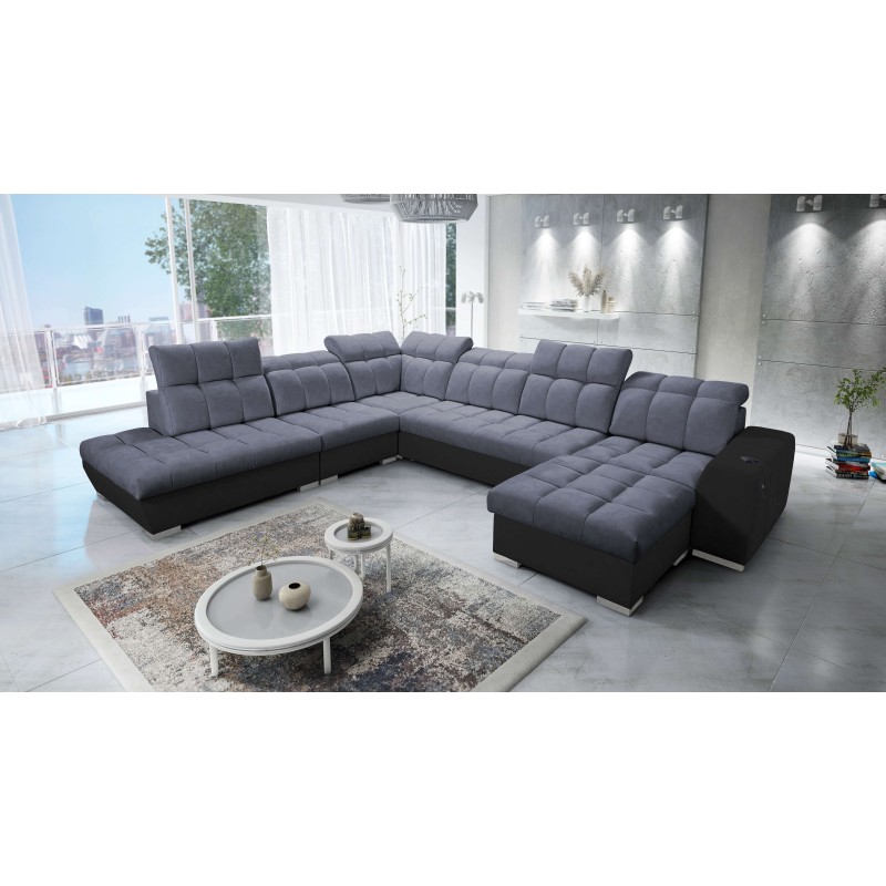 Prisma X corner sofa with sleeping function, USB port, and bedding storage - Velvet | Pet friendly, Terra 96 + Black Eco-leather