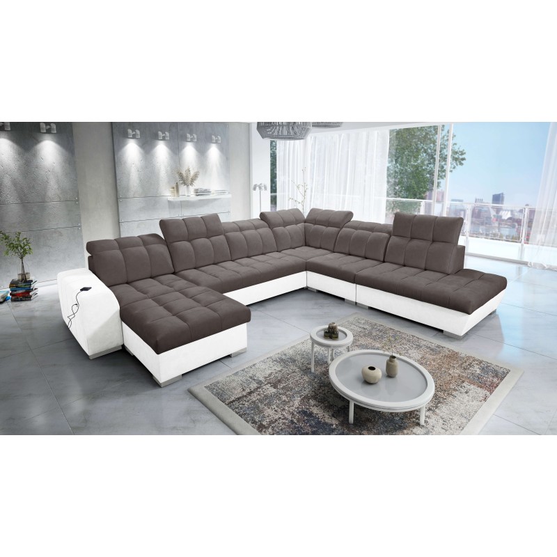 Ecksofa Prisma X mit Schlaffunktion, USB-Anschluss und Bettkasten - Samt | Tierfreundlich, Terra 26 + Kunstleder Ecksofa Prisma X mit Schlaffunktion, USB-Anschluss und Bettkasten - Samt | Tierfreundlich, Terra 26 + Kunstleder