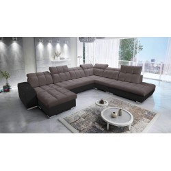 Ecksofa Prisma X mit Schlaffunktion, USB-Anschluss und Bettkasten - Samt | Haustierfreundlich, Terra 26 + Schwarzes Kunstleder